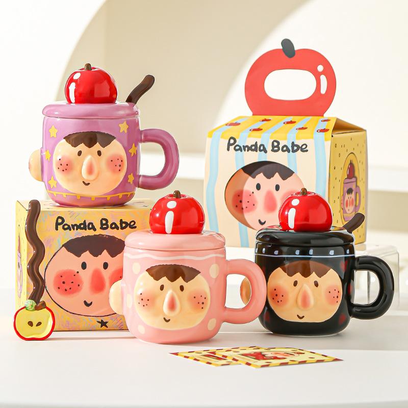 Creative Funny Ceramic Cup Mug with Lid Spoon for Home Use Strange Water Cup for Girls Office Breakfast Cup