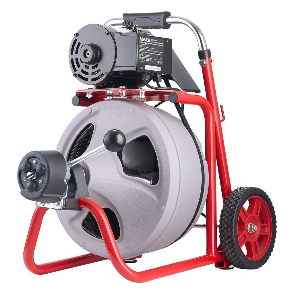 Drain Cleaner Machine 30m X 9.5mm, Auto Feed Sewer Snake Drain Auger On Wheels, Portable Drain Cleaning Machine with 8 Cutters & Air-Activated Foot