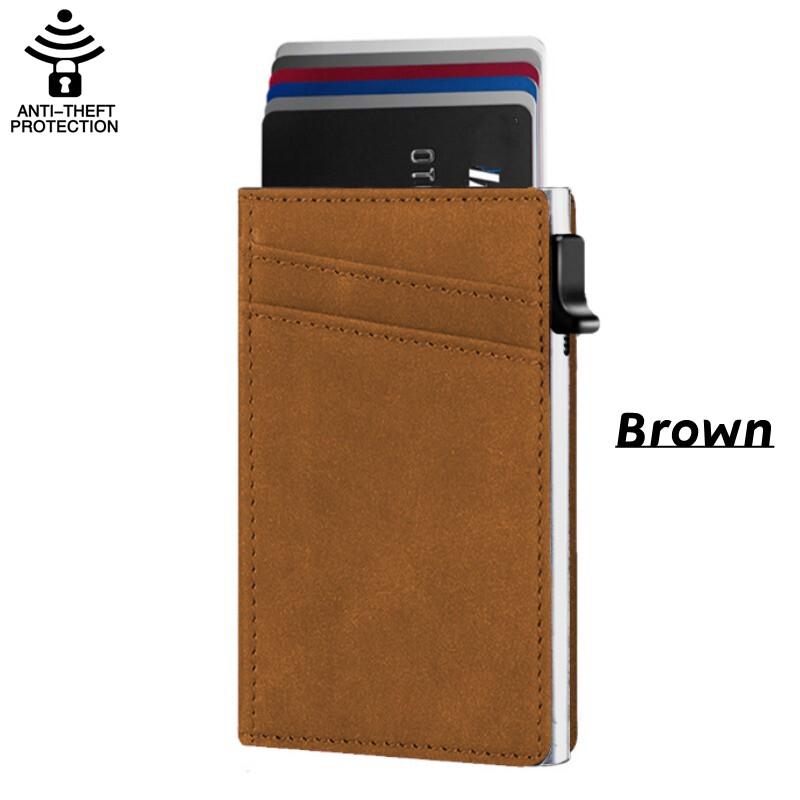 New's Side Push Pop Up Suport card Carduri Portofel subțire din piele din fibră de carbon Protecție RFID Până la 9 carduri Husă pentru carduri din aliaj de aluminiu