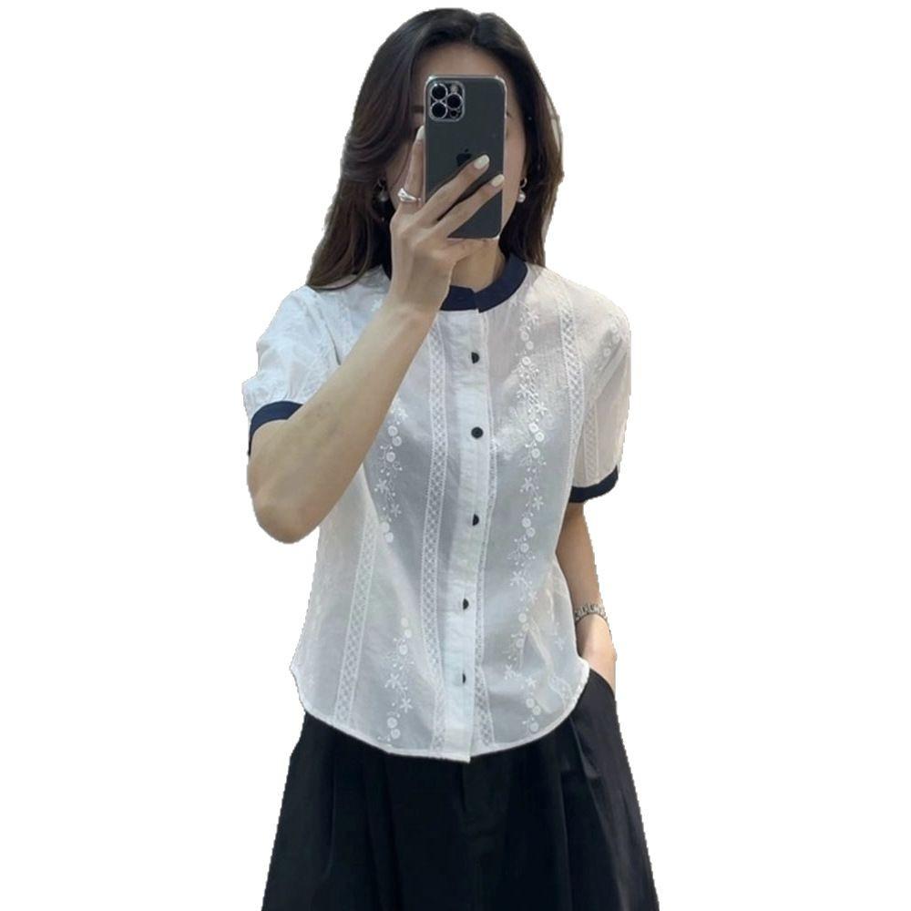 French Hollow Embroidery Short Sleeve Summer Blouse - Casual, Versatile Jacquard Loose Fit