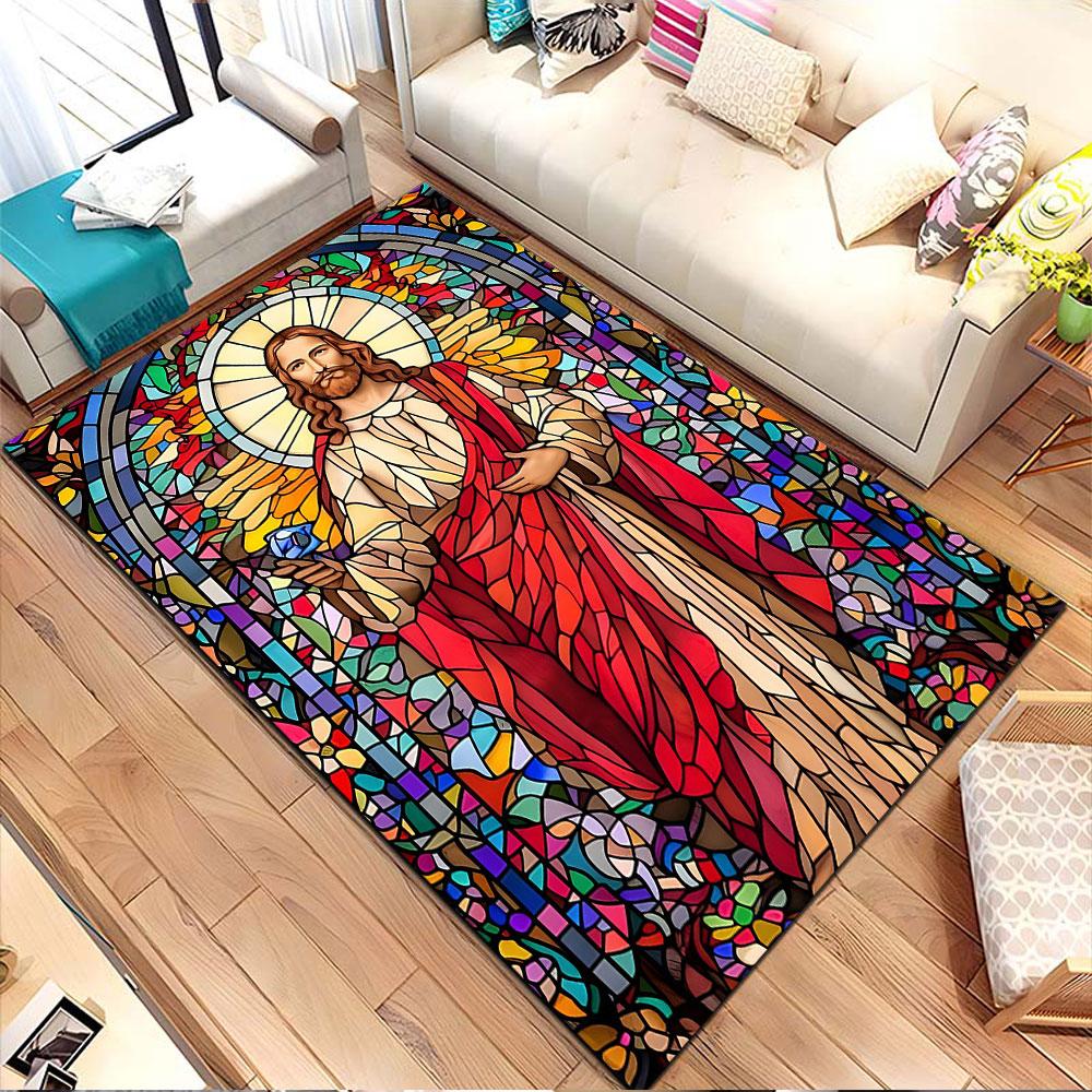 Stained Glass Jesus Art Rug Patterned Carpet, Non Slip Mat Suitable for Living Room and Bedroom Sofas