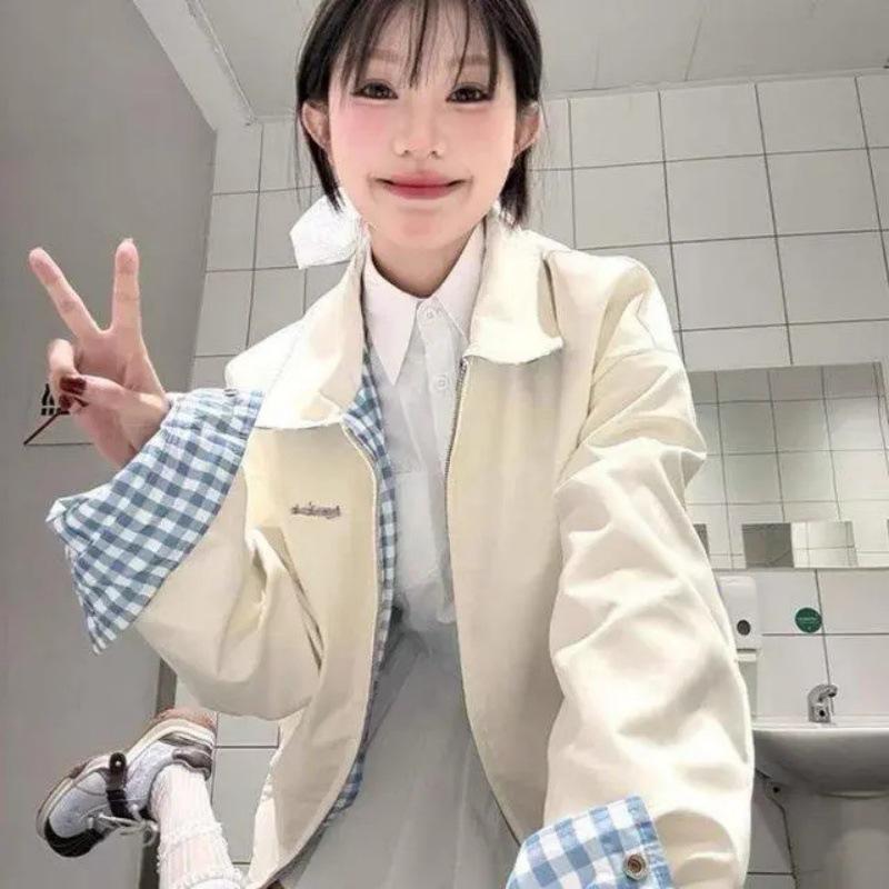 Женская двусторонняя клетчатая куртка с лацканами - Универсальная свободная посадка, Короткая весенняя верхняя одежда для студентов 2XL