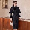 Black Fleece-Lined Modern Chinese Style Long Sleeve Cheongsam Dress With Shawl Winter Women Vintage Elegant Outfit