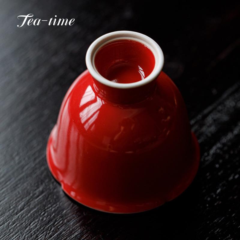 Hand Painted Double-Line Ceramic Tea Cup Forbidden City Red  Waist Tea Cups High-foot Teacups Mate Puera Unusual Porcelain Maker