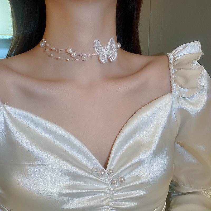 Koreaanse Retro Parel Strass Kwast Choker met Bloem Strik Design