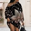 Women Plus Size One Shoulder Long Sleeve Floral Print Black Tunic Dress