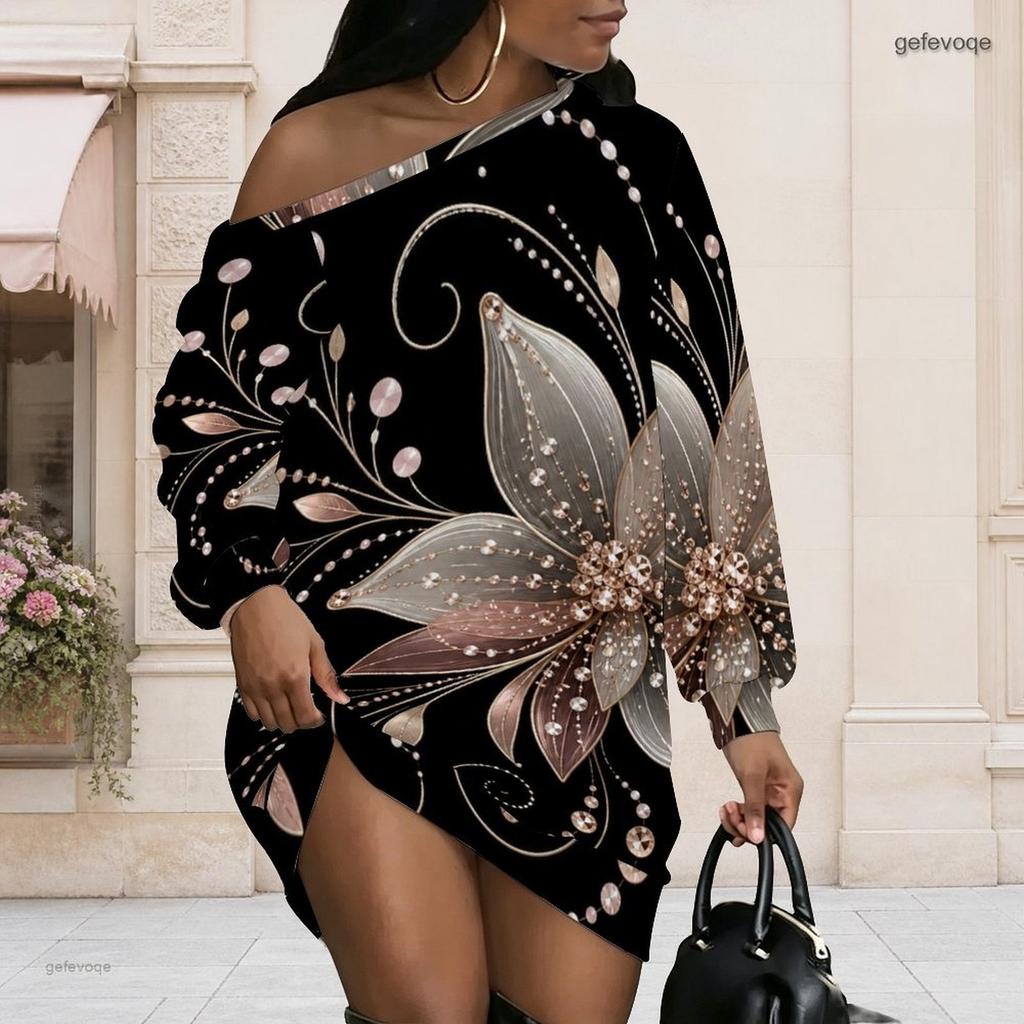 Women Plus Size One Shoulder Long Sleeve Floral Print Black Tunic Dress