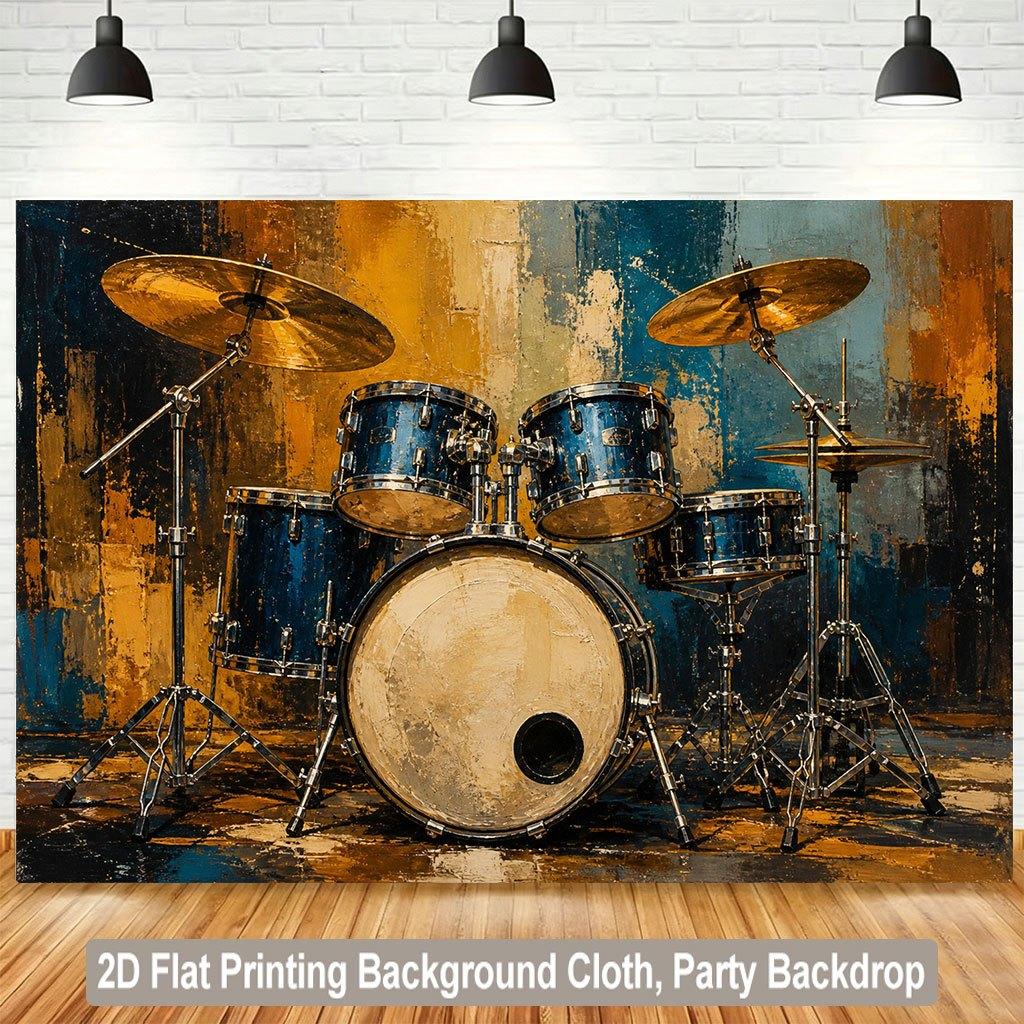 A 2D Flat Banner Background Fabric, with the Drum Set Positioned On the Colored Background Fabric.