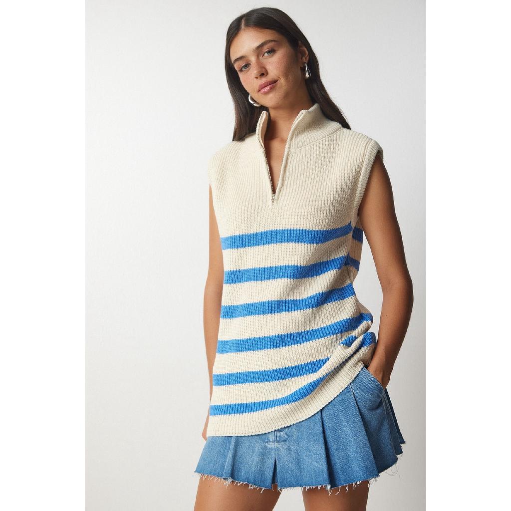 Women's Cream Black Zippered Collar Striped Sweater Mx00123