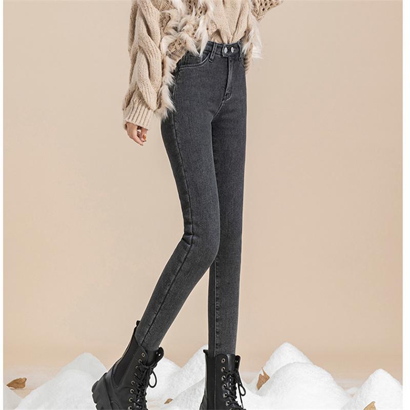 2022 Winter Korean Stytle Thick Pants Streetwear Trousers Fashion Warm Skinny Jeans for Women Female High Waist Slim Trousers