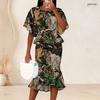 Women Plus Size Camo Printed O Neck Batwing Sleeve Ruffle Hem Top Fishtail Skirt Two Piece Set