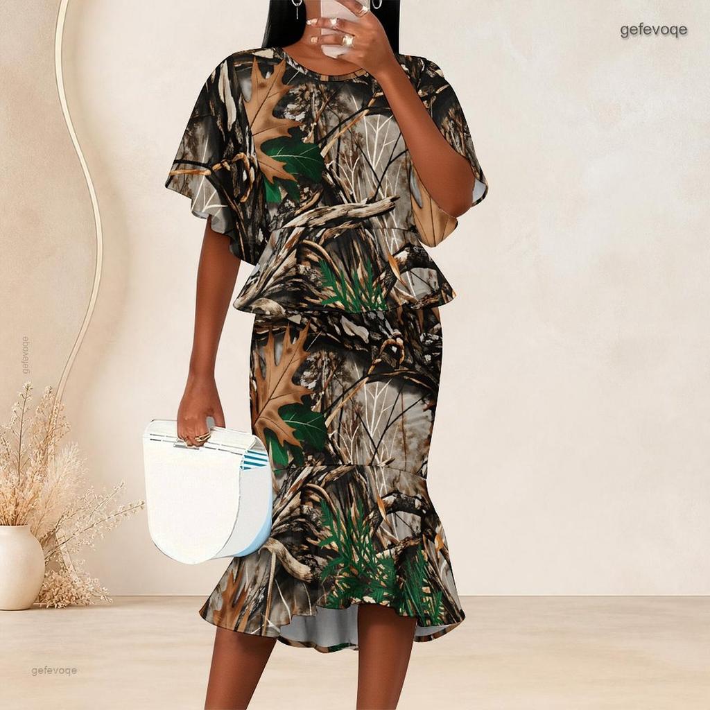 Women Plus Size Camo Printed O Neck Batwing Sleeve Ruffle Hem Top Fishtail Skirt Two Piece Set
