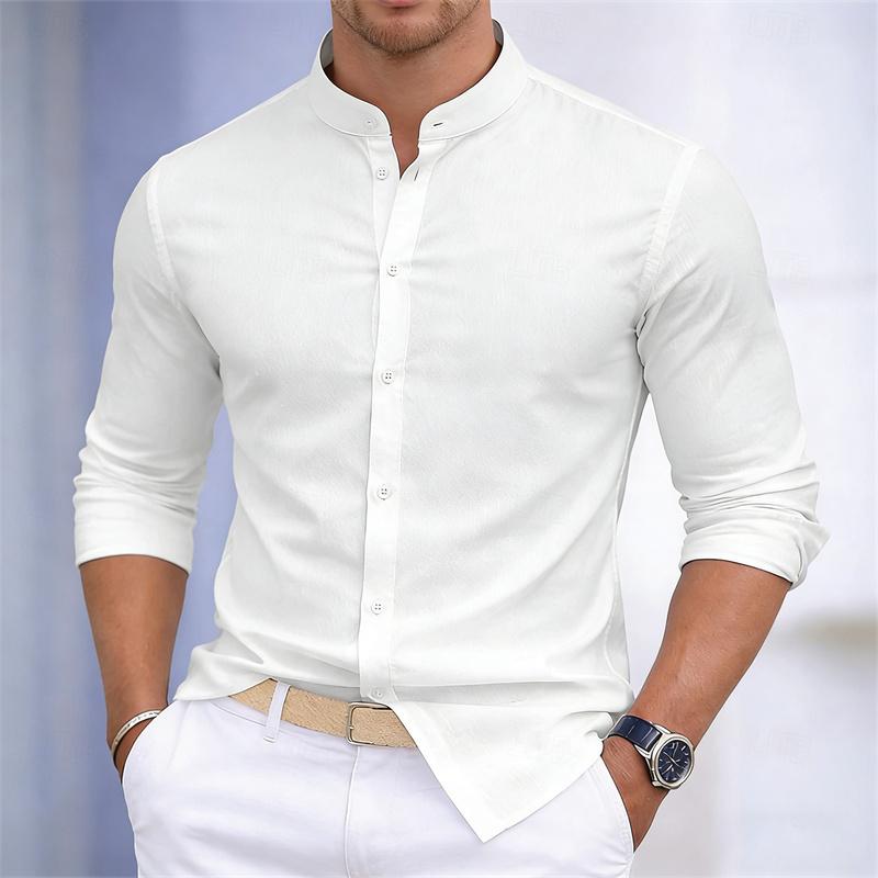 Men's Stand-up Collar White or Black Long-sleeved Shirt Solid Color Shirt Slim Fit Business Casual Men's Top