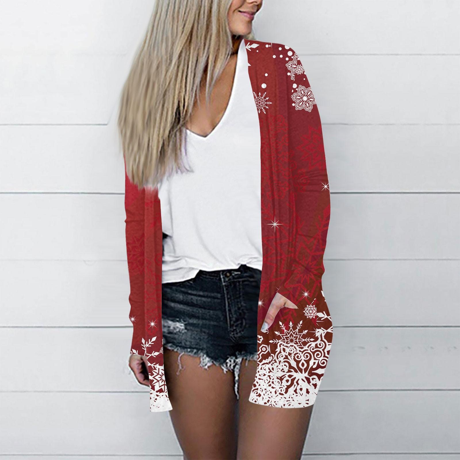 

Рождественская женская модная повседневная куртка-кардиган средней длины с длинным рукавом и принтом L киноварь