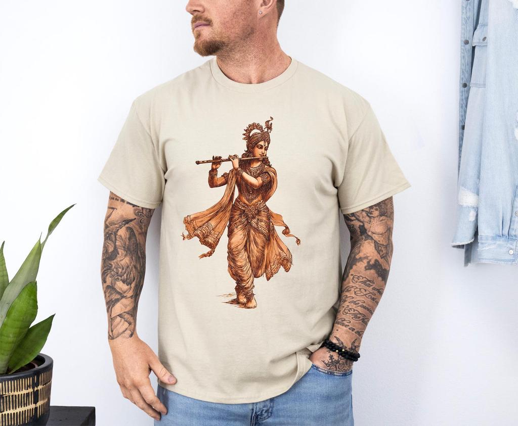 Krishna T-Shirt for Yoga and Spiritual Living: Artistic Hindu Design Promoting Peace and Divine Harmony