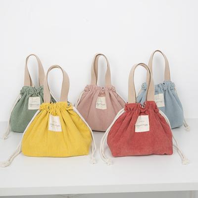 Borsa per il pranzo in velluto a coste, in tela, con coulisse, per picnic, in tessuto di cotone ecologico, piccola borsa a mano, contenitore per la cena, borse per la conservazione degli alimenti