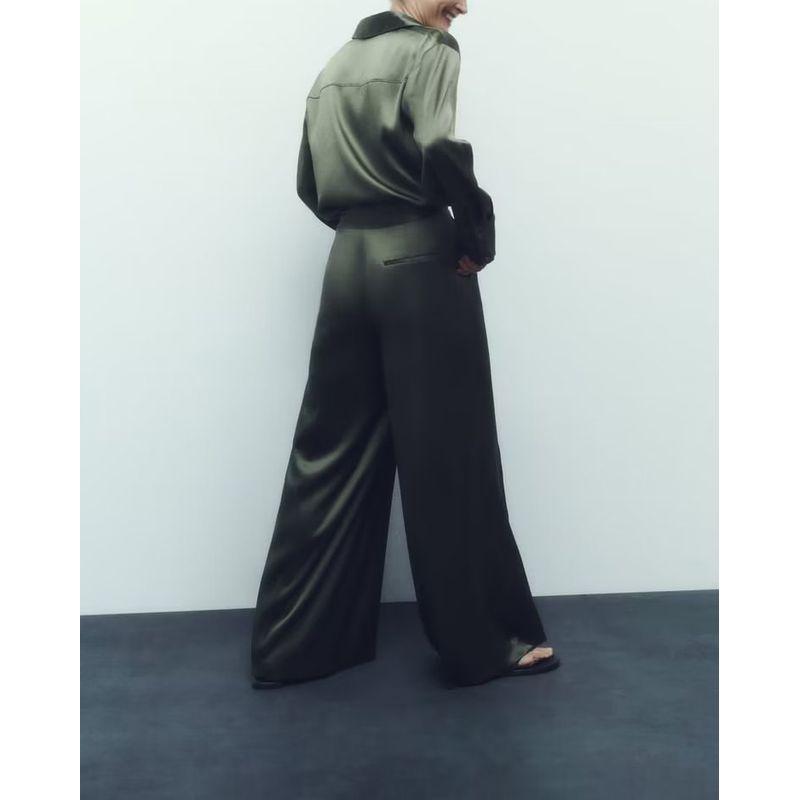 Spring NEW Set Casual Silk Satin Texture Shirts 9929235 Silk Satin Texture Wide Leg Pants 9929231