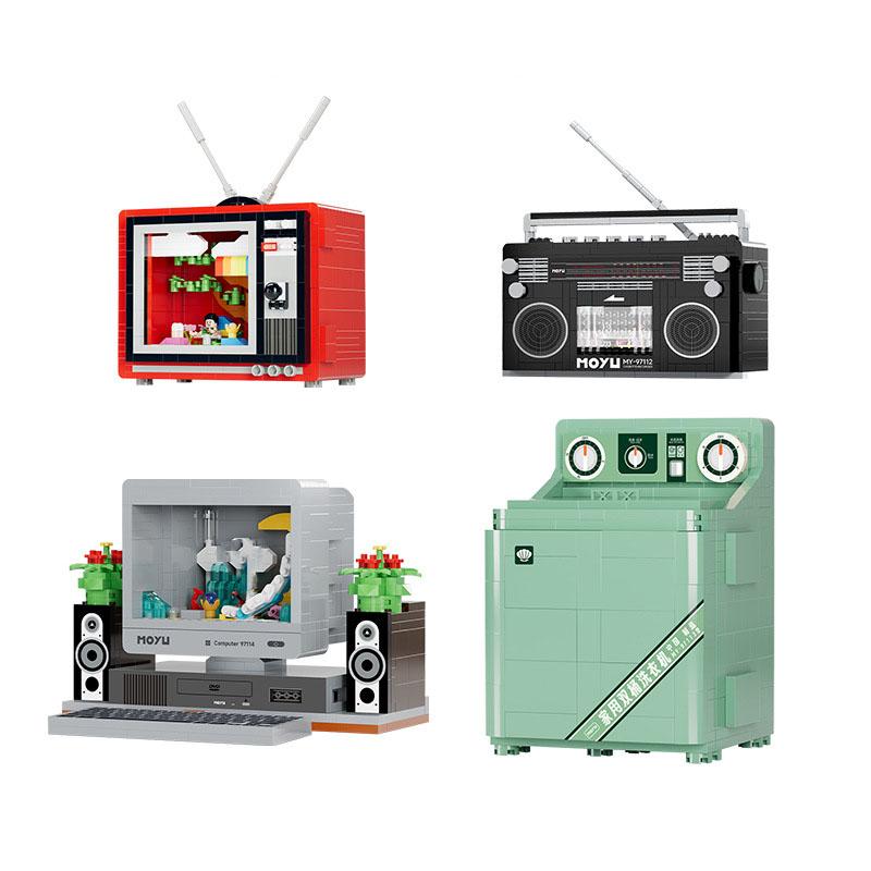 Classic Retro Household Electrical Appliances Block Television Washing Machine Recorder Computer Model Building Brick Toy