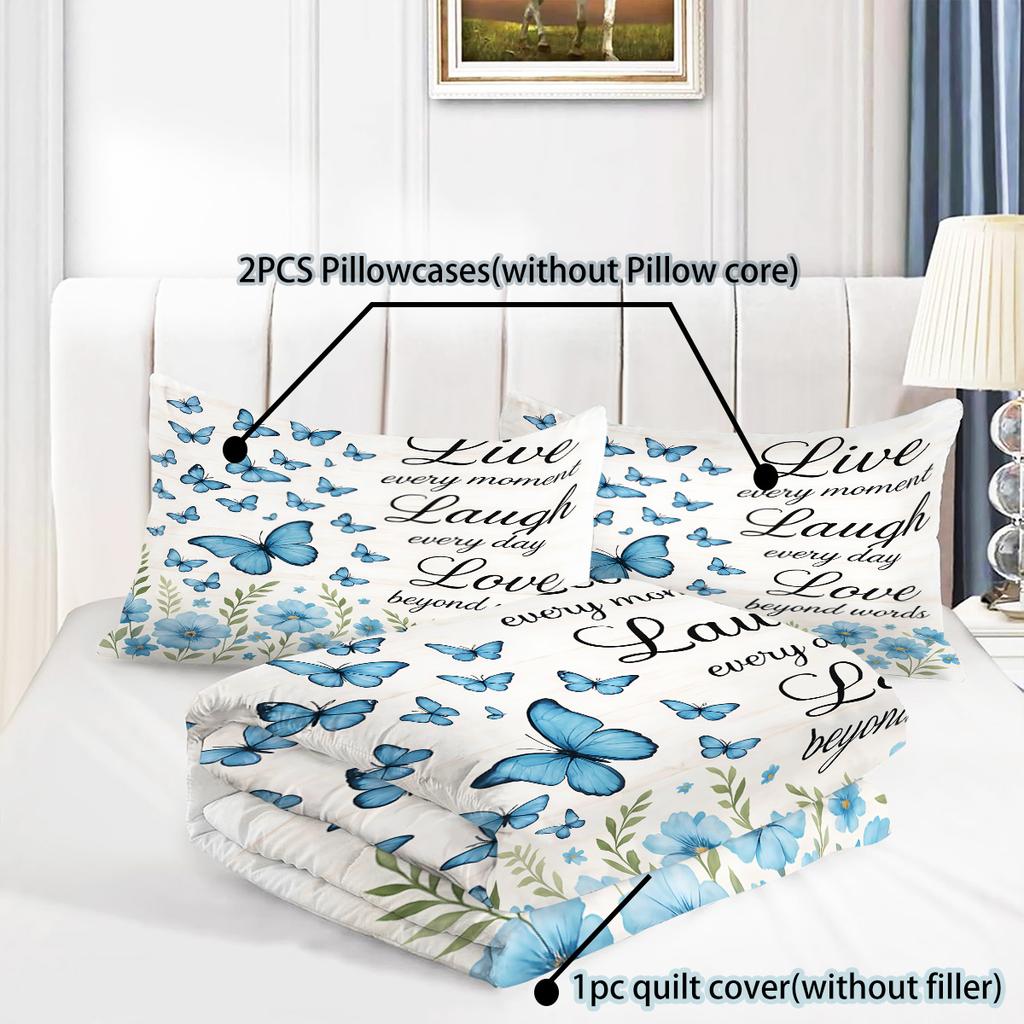 3pcs Blue Butterfly Printed Down Duvet Covers 1 Down Duvet Cover+2 Pillowcases No Core. Soft and Comfortable Bedding Set