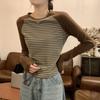 Contrasting Striped Shoulder-plugged Long-sleeved T-shirt for Women's Autumn and Winter Slim-fitting Bottoming Shirt German Velvet Top