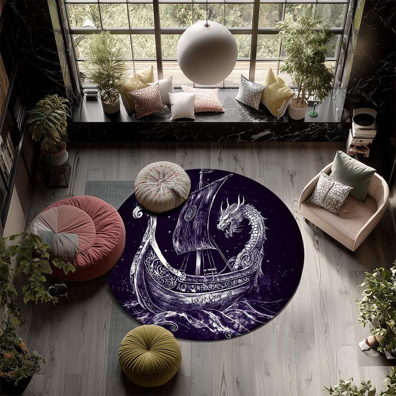 Viking Ship,Round Area Rug,Carpet Rug for Living Room Bedroom Sofa Playroom Decor,Non-slip Floor Mat