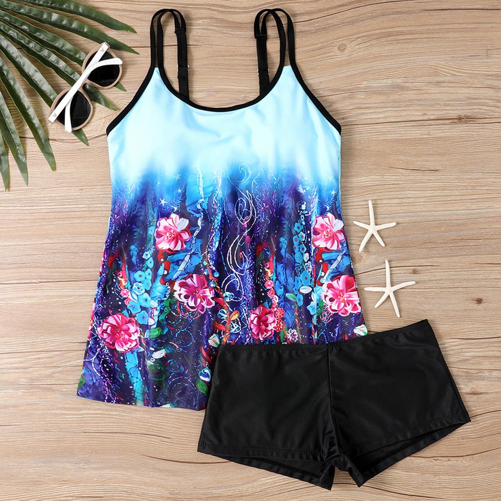 Women's Two Piece Tankini Swimsuit Set Floral Print Skirt Style Top with Built-in Padded Bra Wireless Support and Boyshort Bottom Swimwear