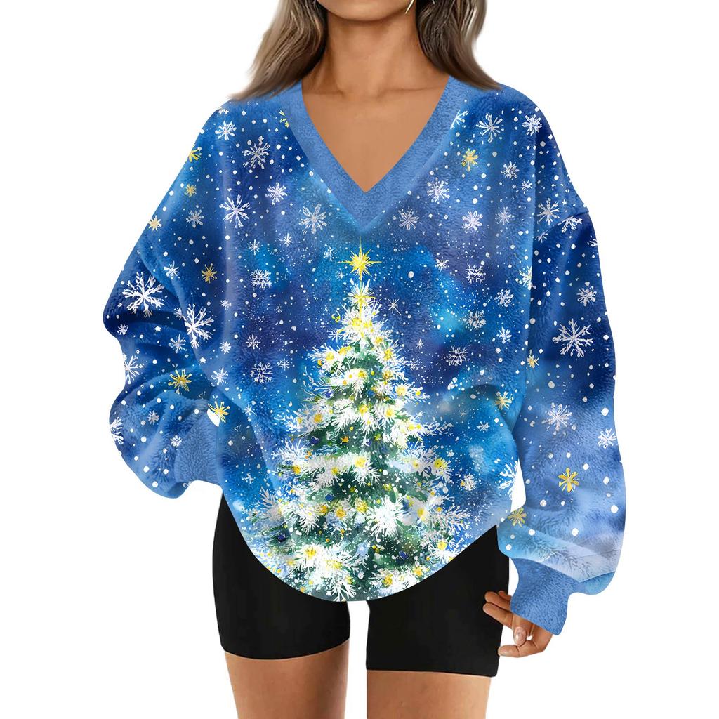 Damenmode Lässig Langarm Weihnachten Bedruckt V-Ausschnitt Oberteil Sweatshirt