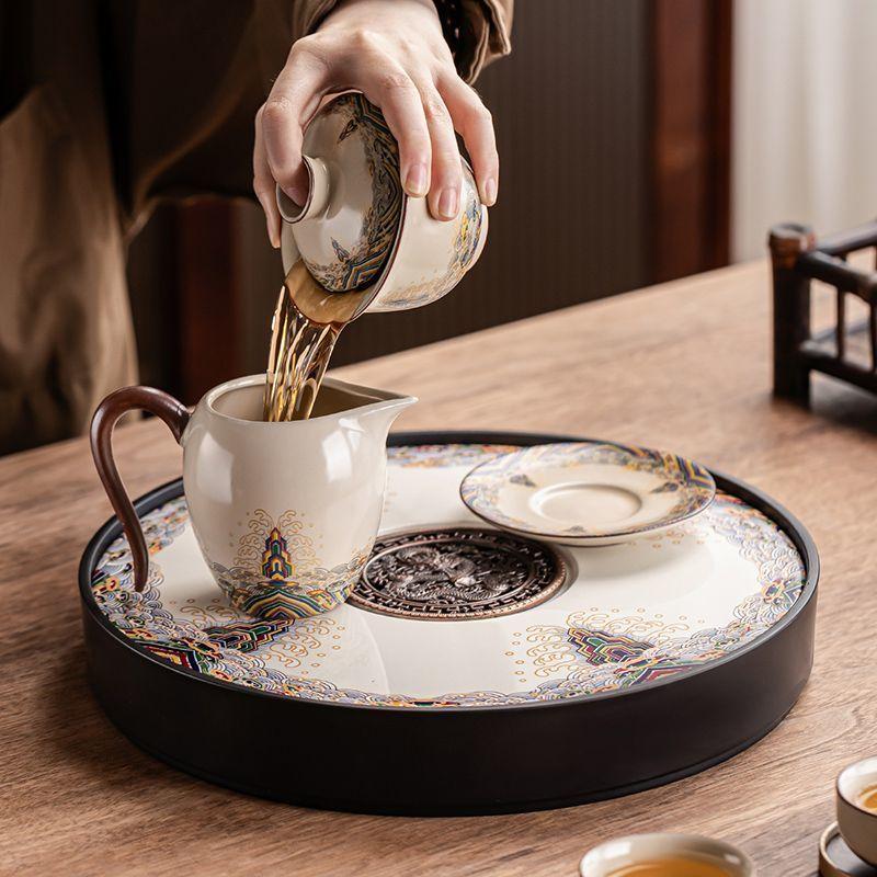 Ceramic round tea tray, dual-purpose for household water storage and drainage, tea sea, and outdoor tea tray