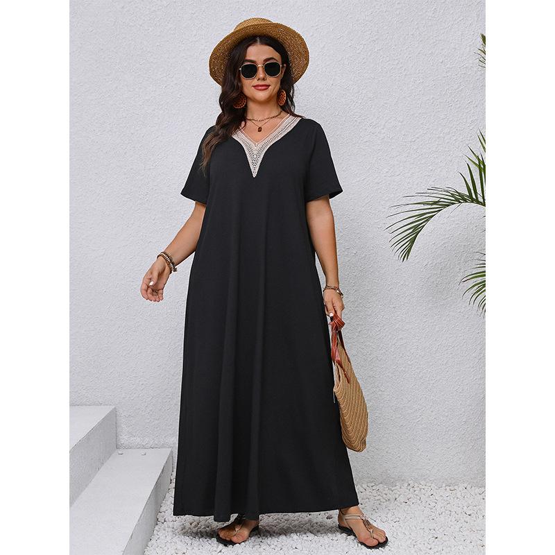 Summer Plus Size V Neck Slim Fit Long Dress Elegant Black Loose Dress For Women Fashion Comfortable Versatile Dress