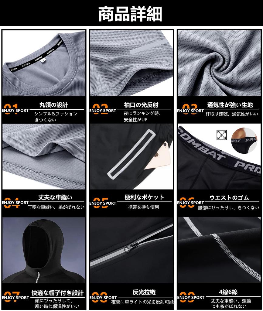 Running and Gym Compression Shirt and Size L Men's 2-Piece Set, Wear, Sweat-Wicking, Quick-Drying, Short-Sleeved Shorts, Gray,