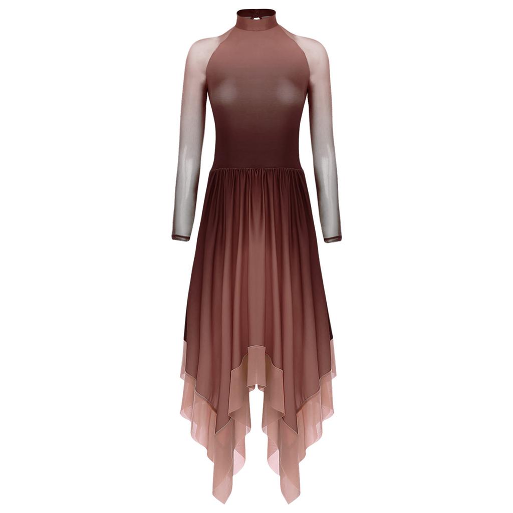 Womens Lyrical Dance Gradient Dress Mesh Long Sleeve Irregular Hem Back Keyhole Leotard Figure Skating Modern Costume