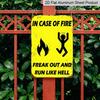 2D Flat - 1pc Vintage "Freak Out and Run Like Hell" Metal Sign - 8x12 Inches, Yellow with Black Text & Fiery Design, Retro Wall Decor for Home, Bar