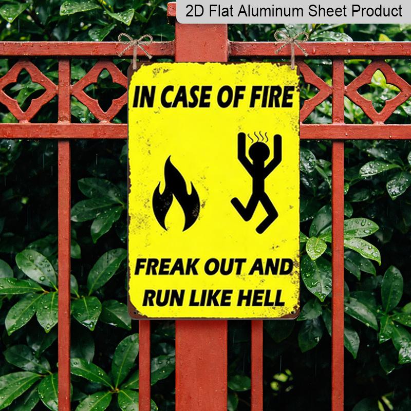 2D Flat - 1pc Vintage "Freak Out and Run Like Hell" Metal Sign - 8x12 Inches, Yellow with Black Text & Fiery Design, Retro Wall Decor for Home, Bar