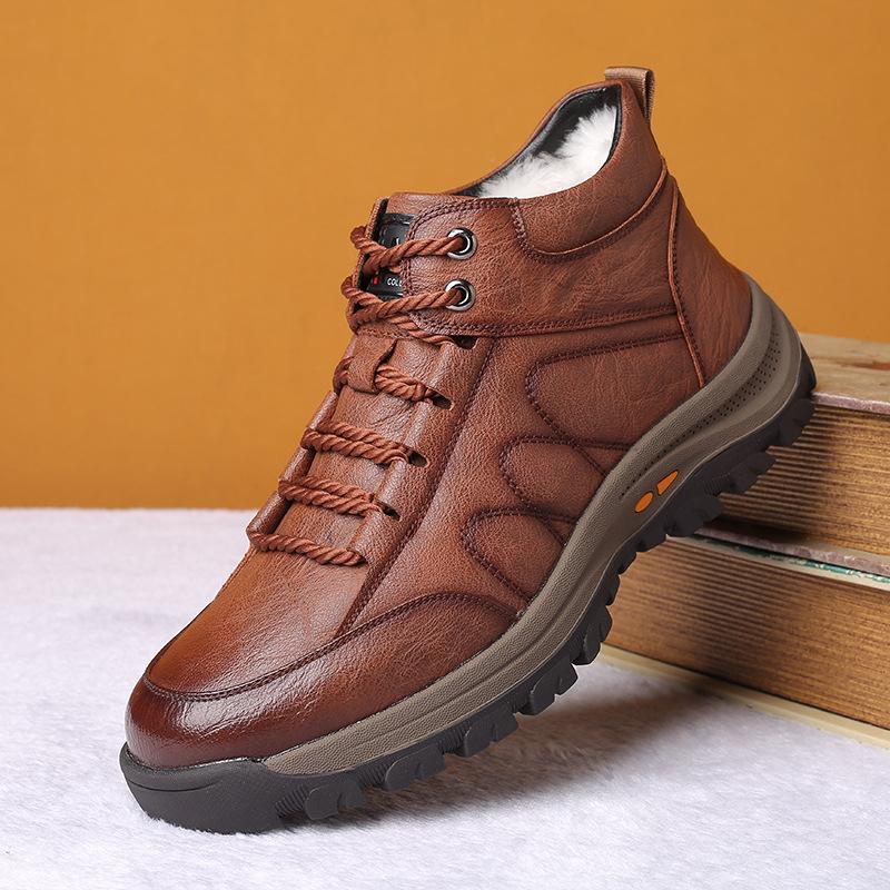 

Мужские хлопковые туфли 2025 зима бархатные теплые утолщенные шерстяные внутри с увеличением высоты, повседневные кожаные ботинки с высоким берцем, нескользящие зимние ботинки 44