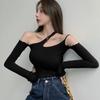 Women Asymmetrical Strapless Slim Sexy Navel Exposed Long Sleeve T Shirt Tops