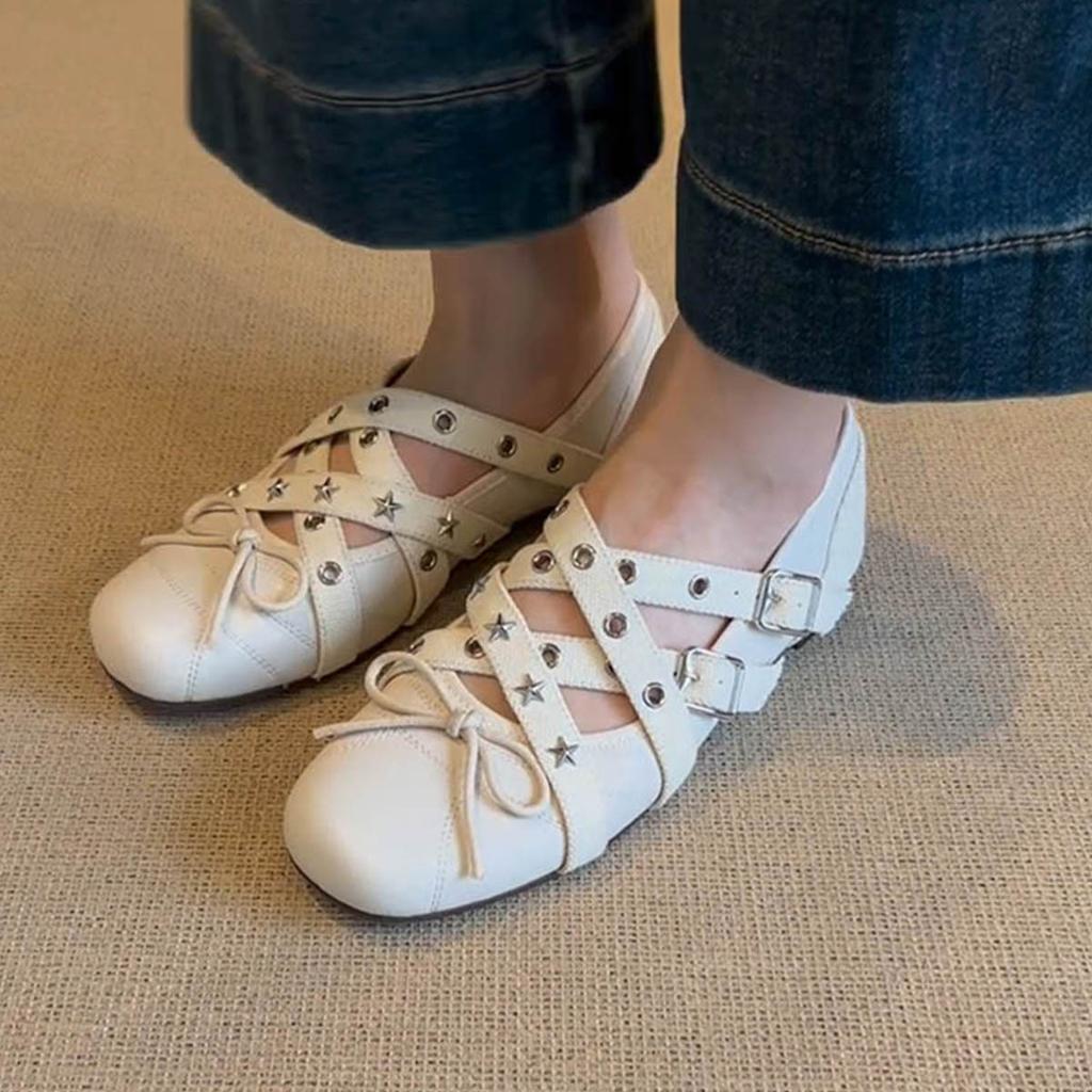Sheepskin version~ Cross strap frosted leather bow Mary Jane shoes women's retro flat-bottomed sports ballet single shoes