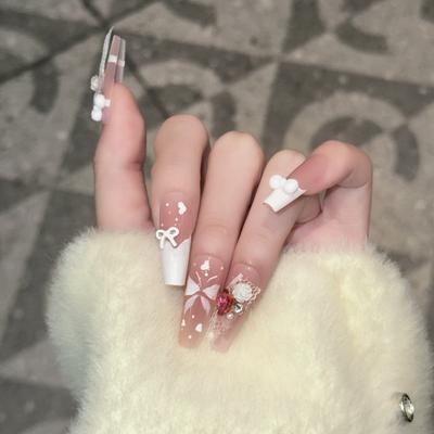 Wearing Armor Pure Handmade High-end Feeling Pure Nude Blush French Butterfly Manicure Removable Fake Nails