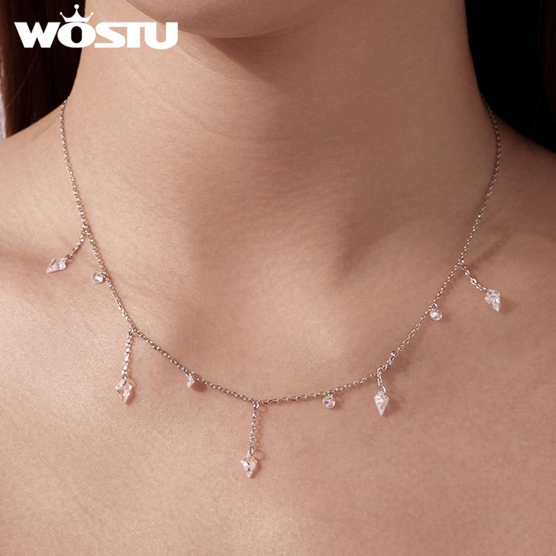 WOSTU Layered 925 Sterling Silver Cubic Zirconia Necklace For Women Sparkling Crystal Stacking Choker Links Vacation Party Gift