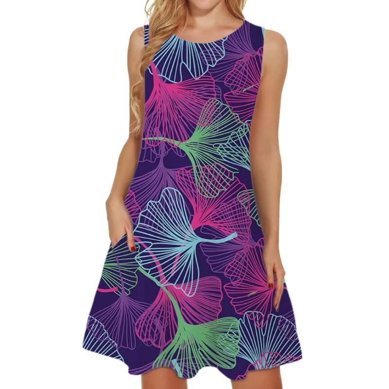Women'S Elegant Floral Pink Green Leaf Pattern Print Sleeveless A-Line Dress Halloween Costume Oversized Woman Clothing Tops