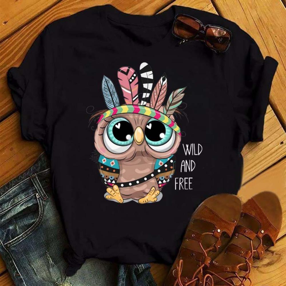 Cartoon Owl Printed T-shirt Women's Pattern Shirt Casual Short Sleeve Black Women's T-shirt O-neck Harajuku T-shirt
