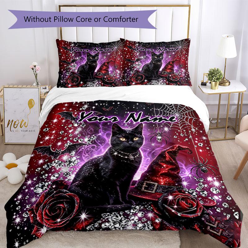 3PC Custom Name Gothic Cat Roses Bedding Set Printed Bedding Set Duvet Cover Closure Includes 1 Duvet Cover & 2 Pillowcases for All Seasons Bedroom