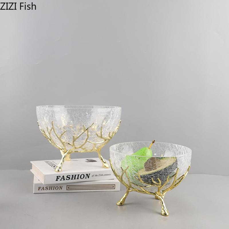 Ice Cracked Texture Fruits Bowl Golden Branches Bracket Glass Storage Tray Snacks and Nuts Bowl Home Kitchen Dessert Cutlery