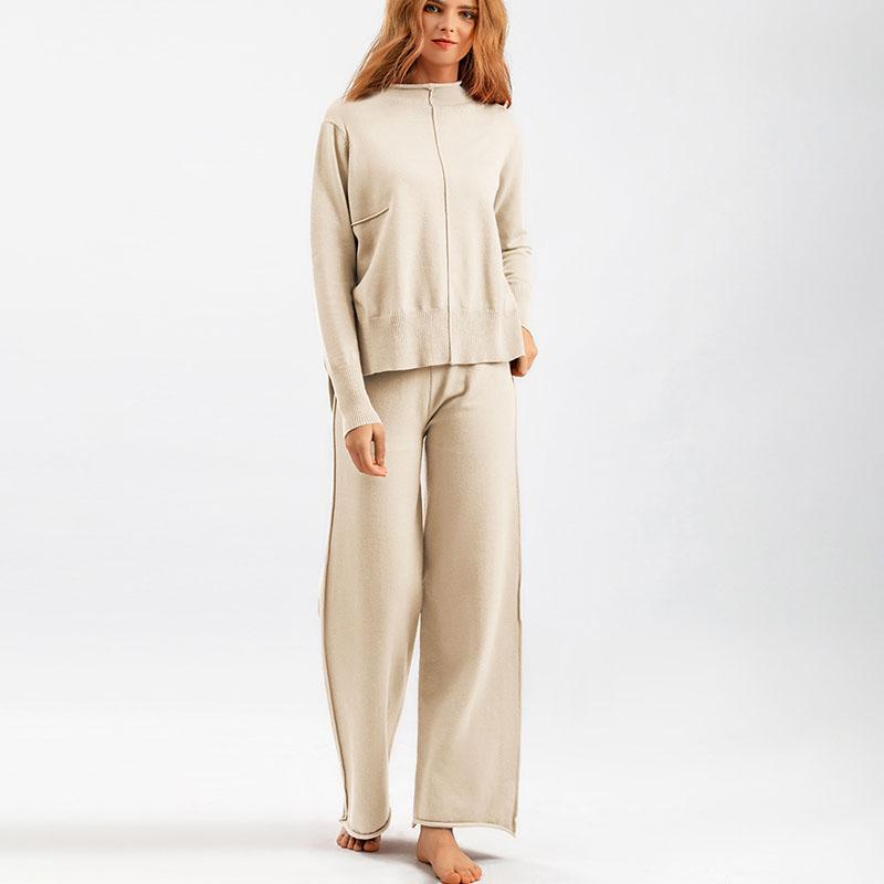 Autumn Winter Women's Knitted Pants Suits Round Neck Slit Sweater Loose Casual Knitted Wide-leg Pants Two-piece Knitted Suit Outfits