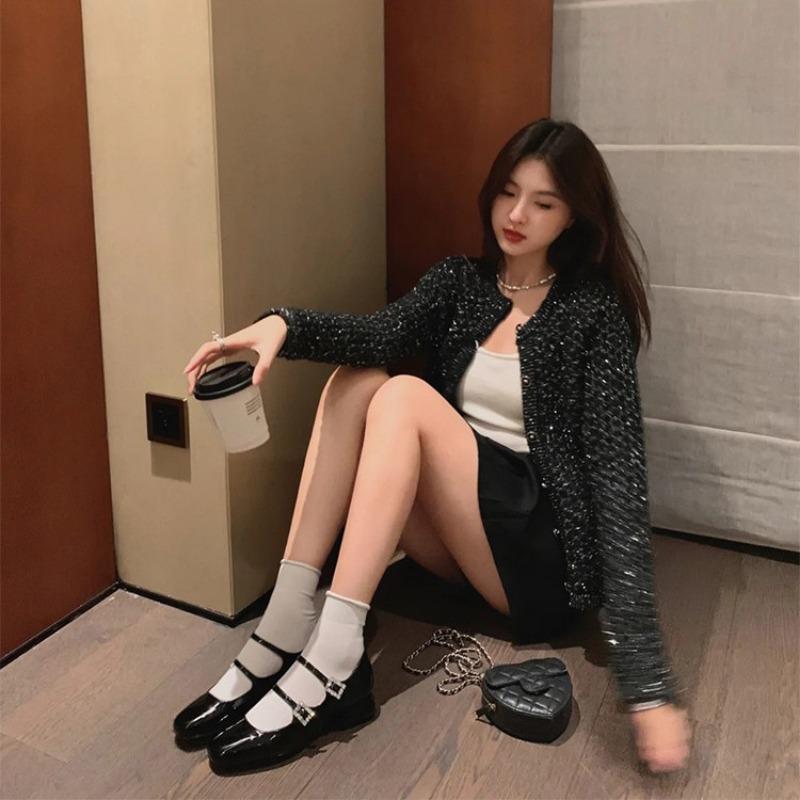 Sheepskin version~ Square head leather rhinestone shoes with shallow mouth single shoes women's thick heel retro Mary Jane shoes