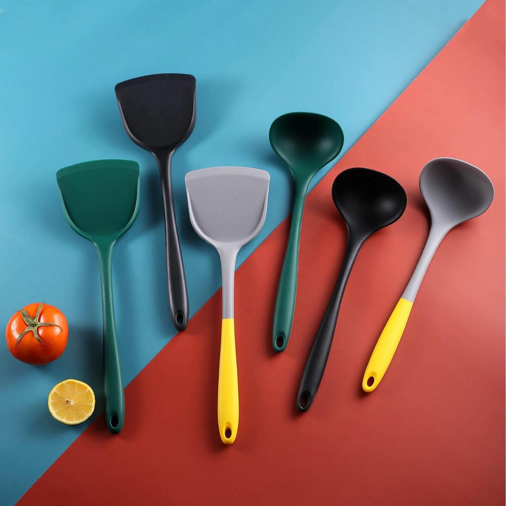 Silicone Kitchenware Set: Non-stick Spatula, Salad Spoon, Slotted Spoon, Rice Spoon, Flour Scoop, Strainer