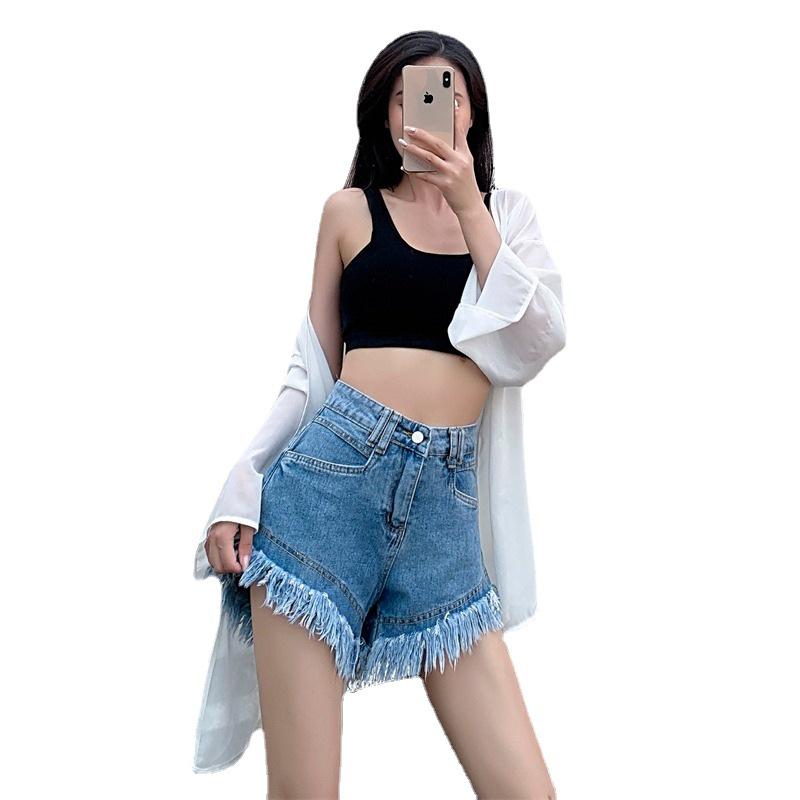 2025 Korean Style Pink Raw Hem Tassel Denim A-line Shorts for Women - Summer Street Style