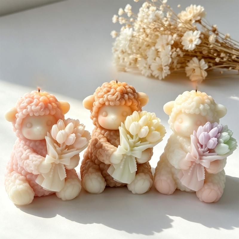 Flexible Sheep Craft Form for Candle Making, Featuring a Flower-Carrying Animal with Clear Wool and Flower Texture for Decorative Casting Projects