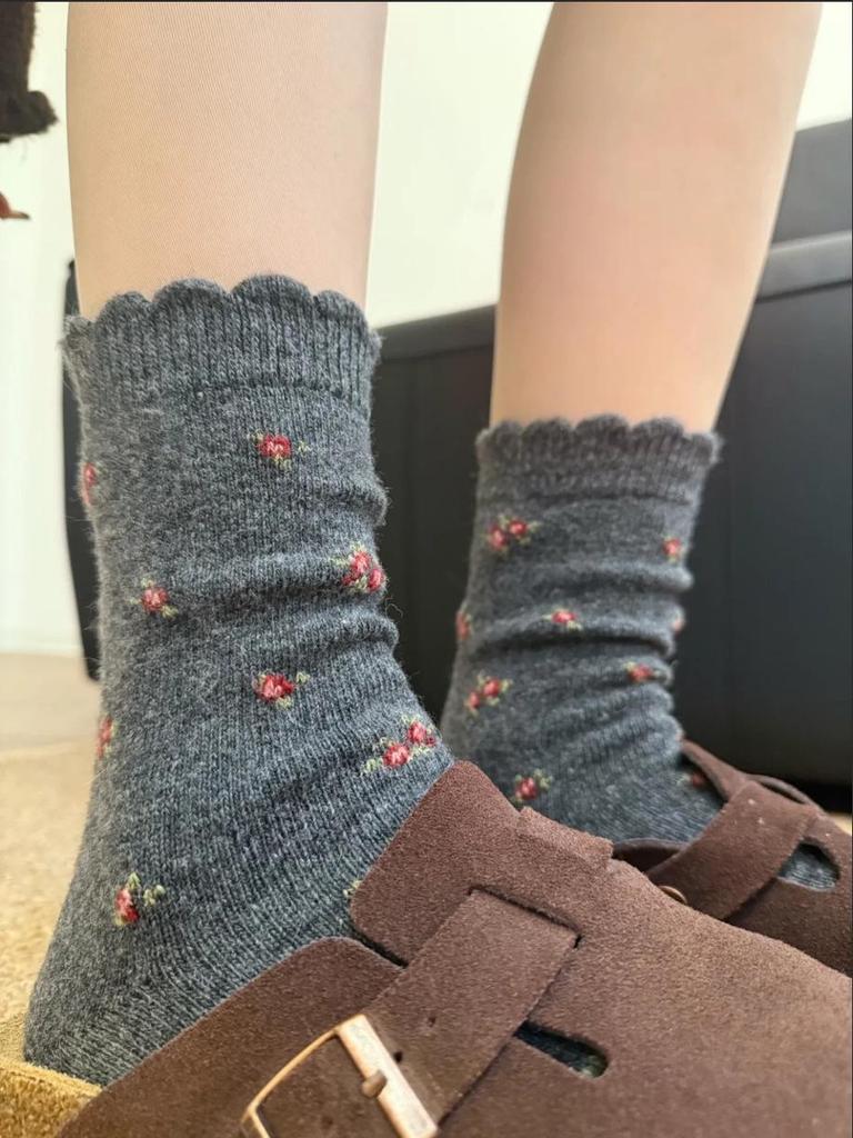 Coffee Floral Vintage Wool Socks - Women's Mid-Calf, Thick Warm for Autumn/Winter, Dark Gray Slouch for Snow Boots