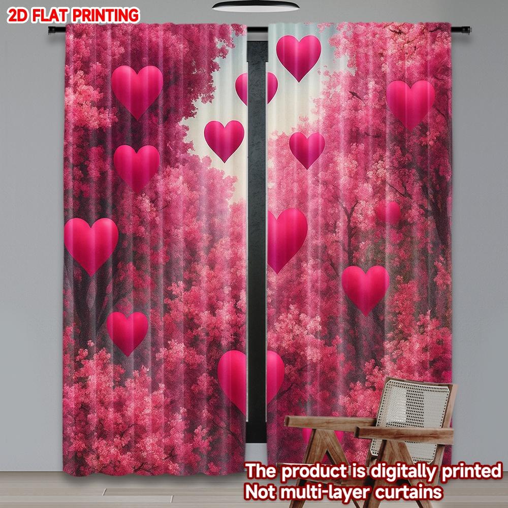 

Set Of 2 Flat Printing Happy Valentine Day Party Window Curtains Romantic Pink Train Digital Printed Polyester Drapes Family Curtain Made W100*H70(CM)-Hooks&2PCS