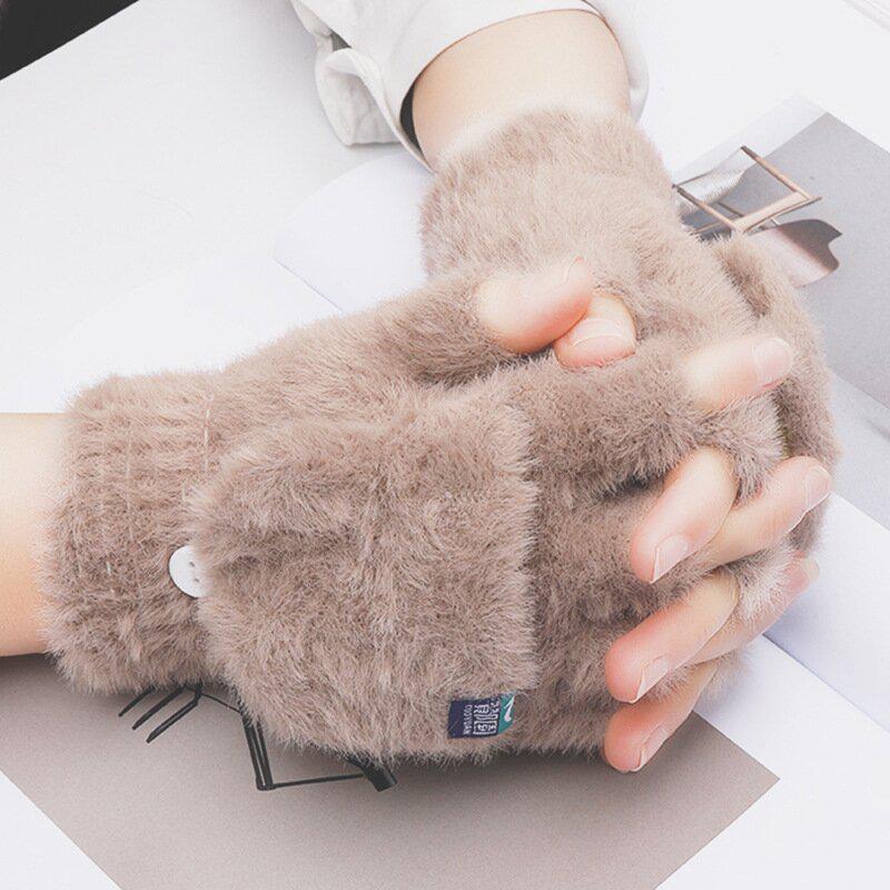 New Korean Style Autumn/Winter Fleece-Lined Fingerless Flip-Top Knitted Gloves for Students
